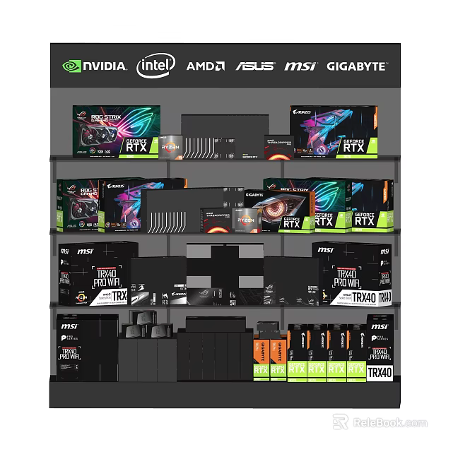 Display Shelves with NVIDIA AMD Intel ASUS MSI GIGABYTE RTX Graphics Cards 3d model 