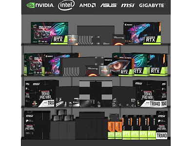 Display Shelves with NVIDIA AMD Intel ASUS MSI GIGABYTE RTX Graphics Cards 3d model