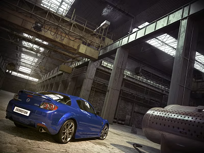 Blue Sports Car Exterior In Industrial Warehouse With Metal Beams And Large Windows 3d model