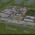 Modern School Buildings Complex With Sports Field Green Landscaping And Evening Lighting