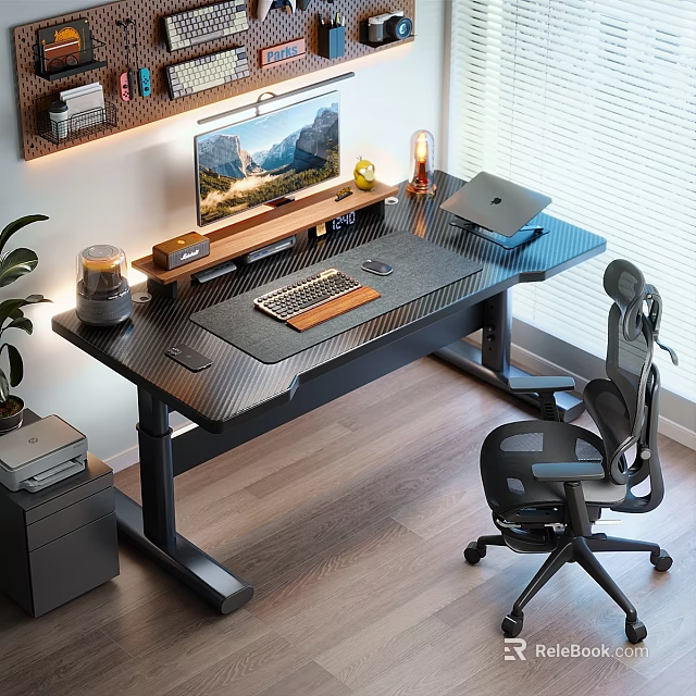 Modern Office Desk Workspace Setup With Monitor Stand Keyboard Laptop Ergonomic Chair And Plant 3d model 