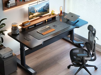 Modern Office Desk Workspace Setup With Monitor Stand Keyboard Laptop Ergonomic Chair And Plant 3d model