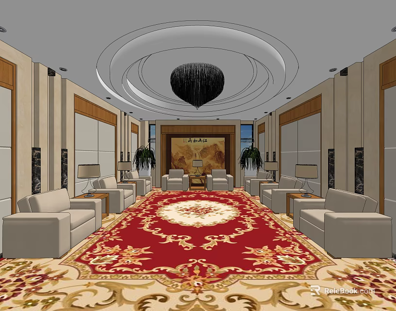 Elegant Hotel Public Lounge Area With Luxurious Carpet Chandelier And Decorative Painting 3d model 