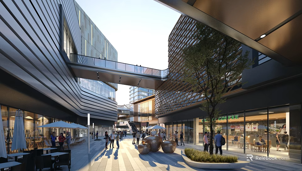 Modern Commercial Street With Architecture Pedestrians Shops And Public Spaces 3d model 