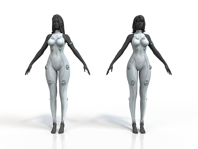 Two Female 3D Models In White Bodysuits With Black Limbs And Gray Circular Patterns 3d model