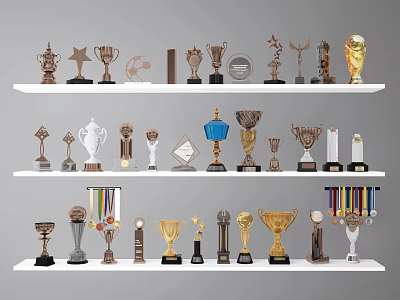 Trophies And Medals Display On White Shelves With Various Shapes And Metallic Colors 3d model