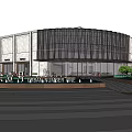 Modern Sales Office Building With Glass Curtain Wall Lighting Water Feature And Trees