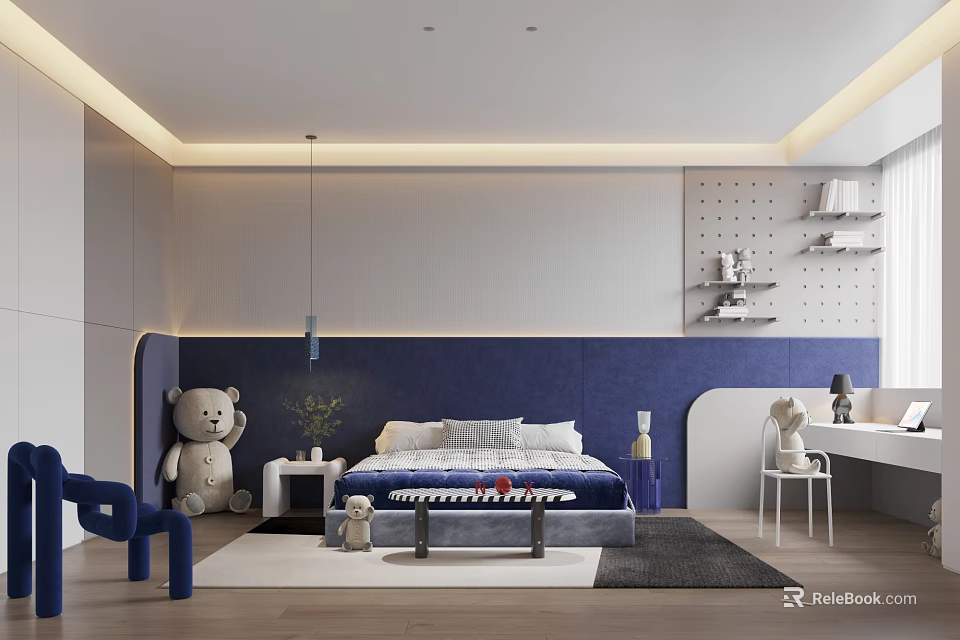 Modern Kids Room Interior With Blue Wall Bed White Furniture Teddy Bears Desk And Shelves 3d model 