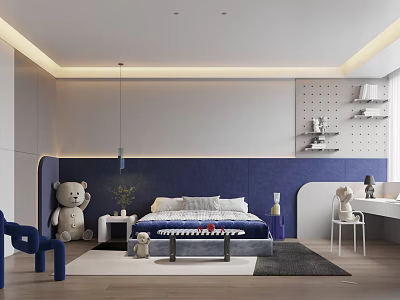 Modern Kids Room Interior With Blue Wall Bed White Furniture Teddy Bears Desk And Shelves 3d model