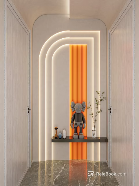Modern Store Front Desk With Arched Structure Orange Lighting Grey Doll Decoration And Green Plants 3d model 
