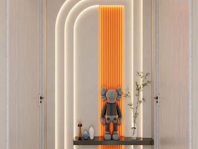 Modern Store Front Desk With Arched Structure Orange Lighting Grey Doll Decoration And Green Plants 3d model