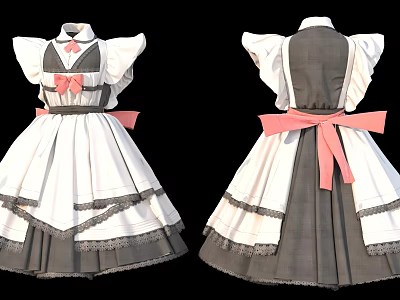 Cute Maid Dress With White Gray Pink Bow And Lace Design 3d model