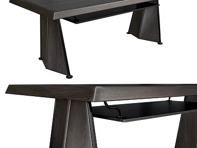 Modern Dark Wood Desk With Sleek Angled Legs And Lower Shelf Design 3d model