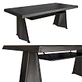 Modern Dark Wood Desk With Sleek Angled Legs And Lower Shelf Design