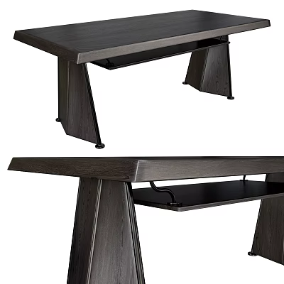 Modern Dark Wood Desk With Sleek Angled Legs And Lower Shelf Design 3d model