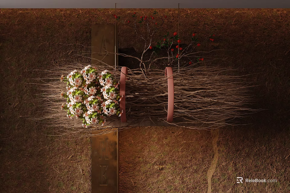 Rustic Hanging Decoration with Natural Branches White Pink Flowers and Pink Metal Rings 3d model 