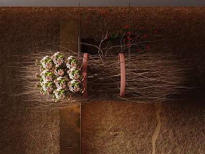 Rustic Hanging Decoration with Natural Branches White Pink Flowers and Pink Metal Rings 3d model