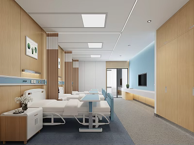 Hospital Outpatient Modern Ward Interior With Wooden Walls Blue Accents Ceiling Lights And Medical Beds 3d model
