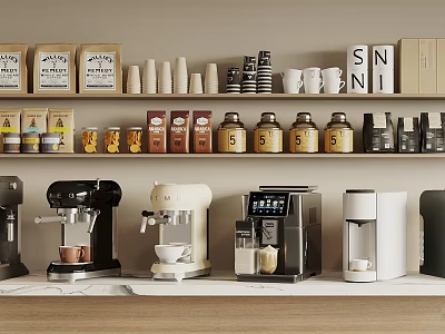 Various Coffee Machines And Kitchen Appliances With Shelves Jars And Cups In Kitchen 3d model