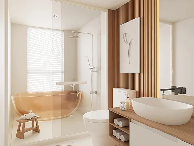 Modern Bathroom With Transparent Glass Shower Wooden Wall Freestanding Bathtub White Toilet And Countertop Sink 3d model