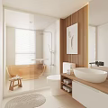 Modern Bathroom With Transparent Glass Shower Wooden Wall Freestanding Bathtub White Toilet And Countertop Sink