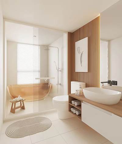 Modern Bathroom With Transparent Glass Shower Wooden Wall Freestanding Bathtub White Toilet And Countertop Sink 3d model