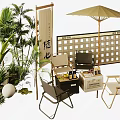 Stylish Outdoor Table Setup with Umbrella Chairs Green Plants and Decorative Screen 3d model