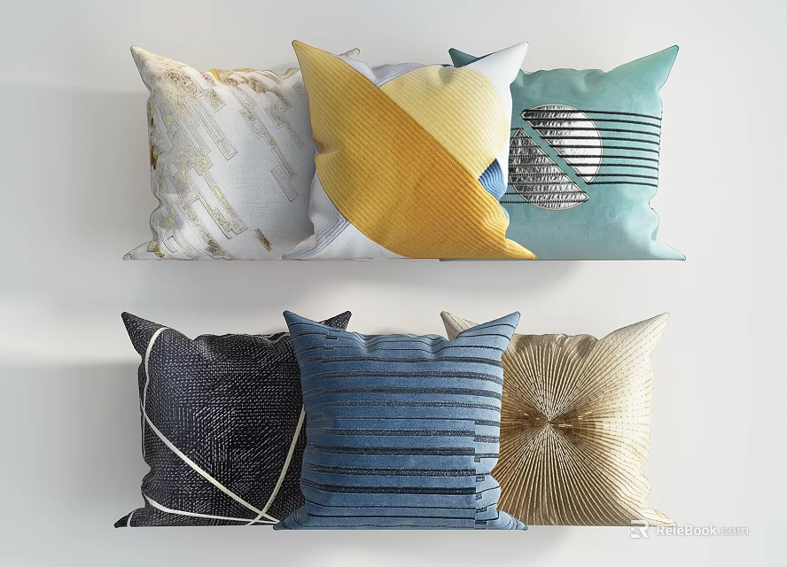 Modern Decorative Throw Pillows With Geometric Patterns Striped Textures And Colorful Designs 3d model