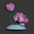 Two Pink Lotus Flowers With Green Leaves On Blue Decorative Base