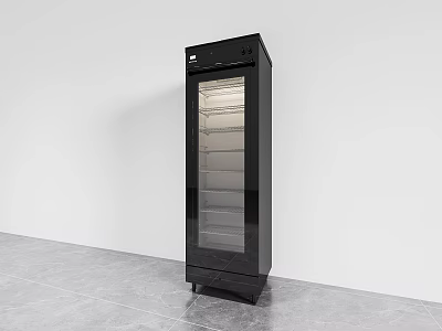 Tall Black Display Cabinet With Glass Door And Multiple Shelves On Gray Tiled Floor 3d model