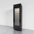 Tall Black Display Cabinet With Glass Door And Multiple Shelves On Gray Tiled Floor