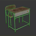 Children's Old Wooden Desk and Chair Set with Worn Surface and Metal Frame