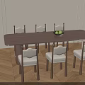 Dining Table Set with Six Chairs White Backrest Brown Legs Fruit Bowl Herringbone Floor 3d model