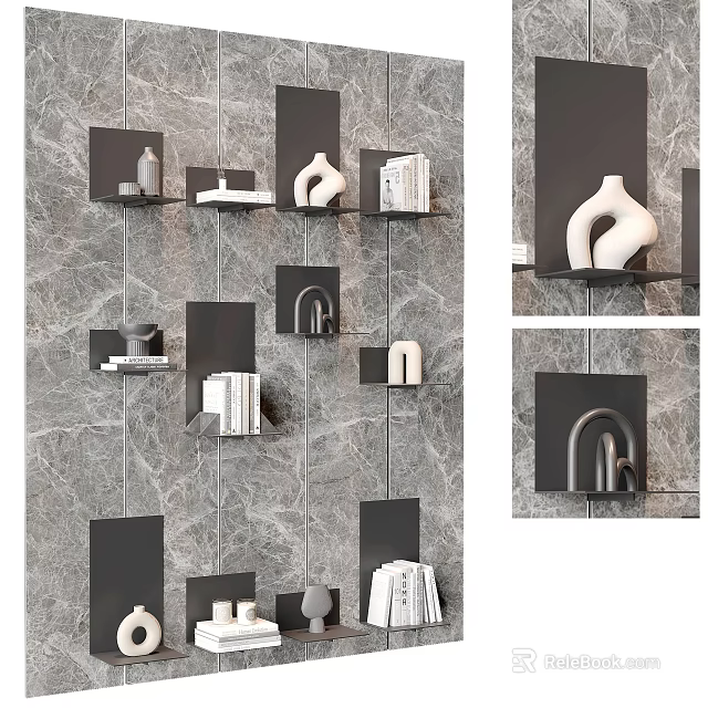 Modern Black Wall Mounted Cabinets On Marble Wall With Decorative Vases And Books 3d model 
