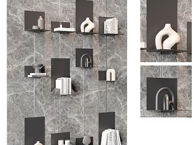 Modern Black Wall Mounted Cabinets On Marble Wall With Decorative Vases And Books 3d model