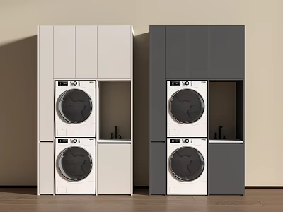 Modern Built in Washing Machine Units with Double Stacked White and Gray Cabinets 3d model