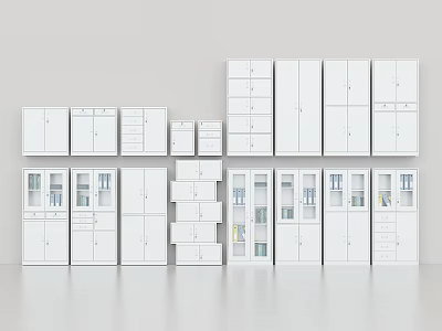 White Bookcases With Versatile Designs Glass Doors Drawers And Open Shelves 3d model