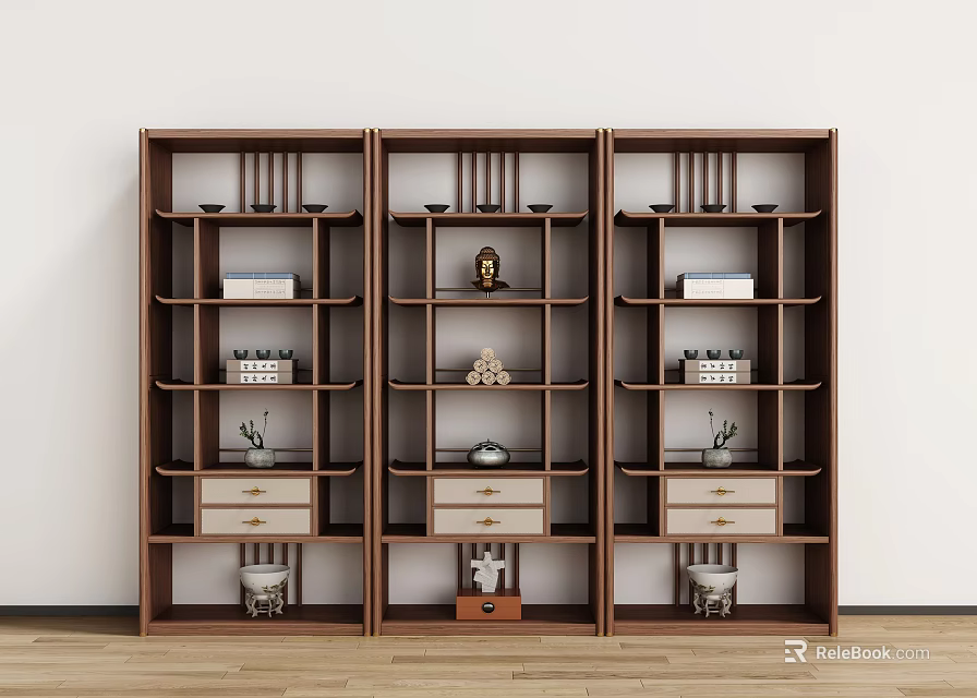 Three Traditional Dark Brown Wooden Display Shelves With Decorative Buddha Statue Baskets Vases And Books 3d model 
