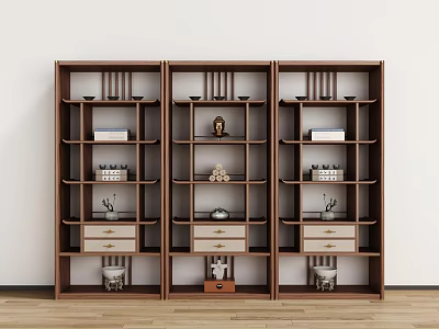 Three Traditional Dark Brown Wooden Display Shelves With Decorative Buddha Statue Baskets Vases And Books 3d model