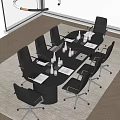 Black Conference Table With Office Chairs Laptops Documents Water Bottles And Microphones