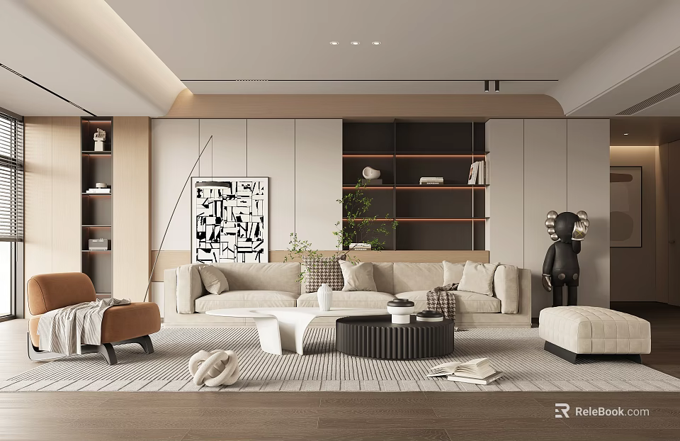 Modern Living Room Interior With Beige Sofa Black Coffee Table Brown Armchair And Decorative Painting 3d model 