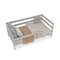 Kids Toddler Wooden Bed With White Guardrails Cartoon Pillow Brown Blanket And Striped Cushion