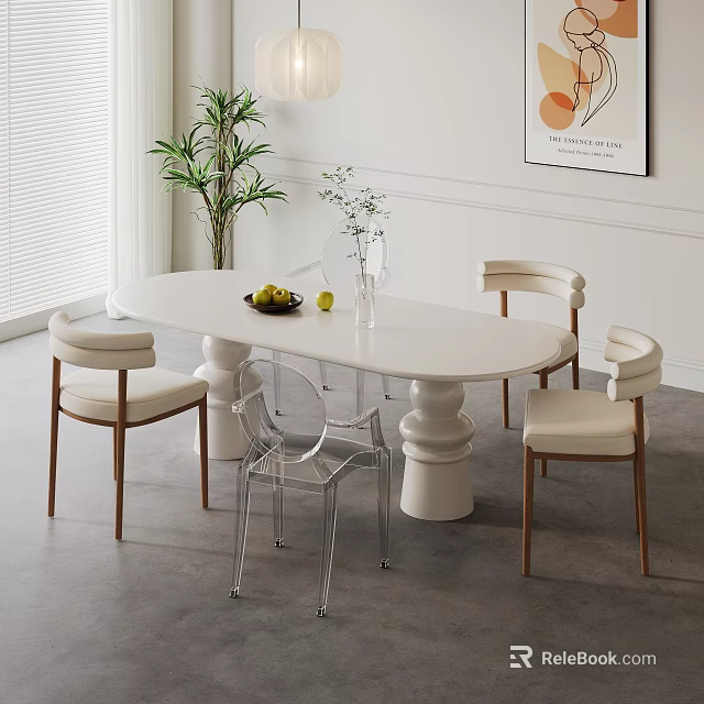 Modern White Oval Dining Table Set with Cylindrical Legs Beige Chairs and Acrylic Chair 3d model 