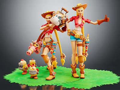 Game Movie Female Characters In Cowboy Style With Animal Doll Chick Dolls On Green Grass 3d model