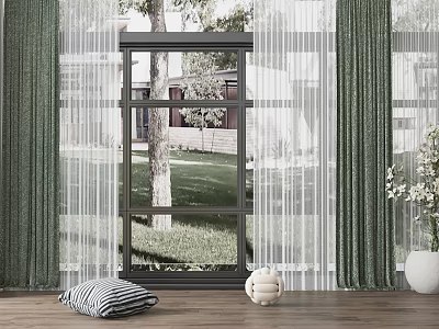 Floor to Ceiling Window with Green Curtains White Sheer and Outdoor Tree Lawn View on Wooden Floor 3d model