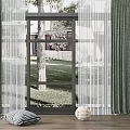 Floor to Ceiling Window with Green Curtains White Sheer and Outdoor Tree Lawn View on Wooden Floor