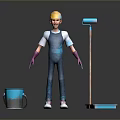 Man Wearing Yellow Hard Hat Blue Overalls Purple Gloves with Paint Roller Bucket and Tray