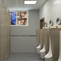 Modern Public Restroom With White Tiles Wooden Cabinets Washbasins Mirrors Yellow Flowers Window Building View