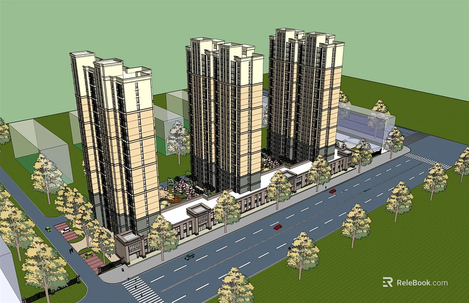 Modern High Rise Residential Buildings With Greenery And Street Trees 3d model 