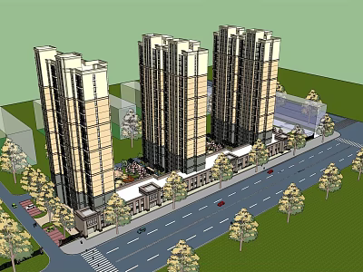 Modern High Rise Residential Buildings With Greenery And Street Trees 3d model